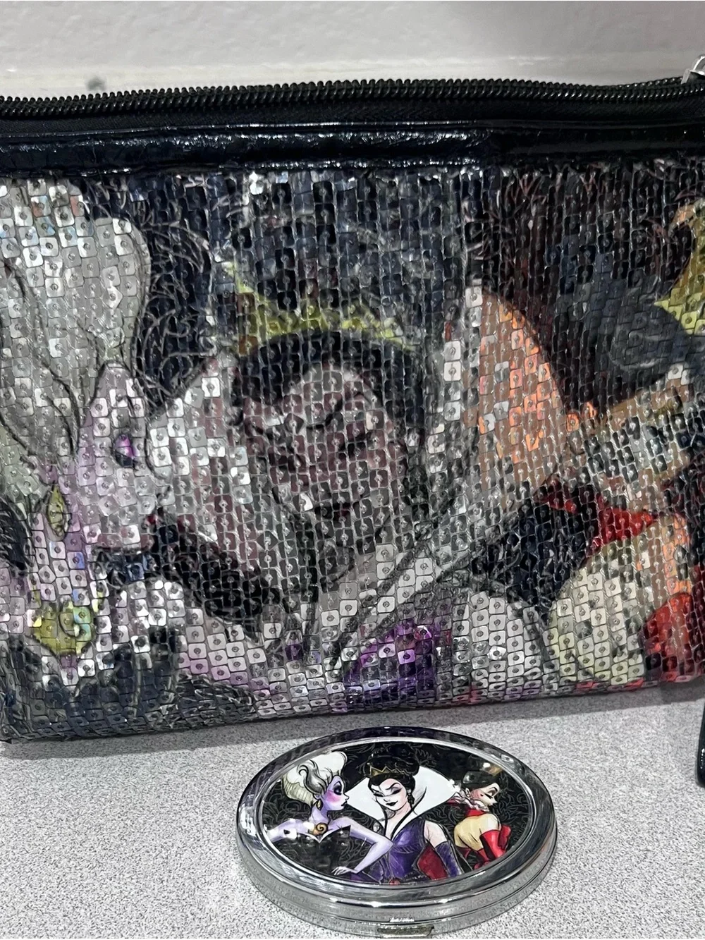 Disney Villains Sequin Cosmetic Bag & Compact Mirror
